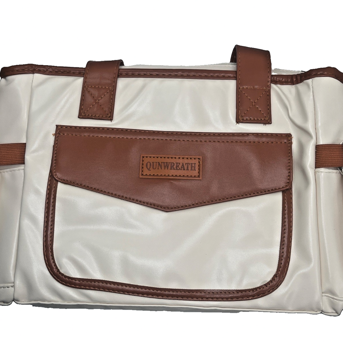Cream and brown leather insulated lunch tote bag with crossbody strap and dual side pockets by QUNWREATH