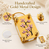 Blue metal mini flower press keychain kit shown with 20 specimen papers and 2 embossing plates, measuring 1.96x1.38 inches - view 7