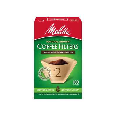 Two boxes of Melitta #2 unbleached natural brown cone coffee filters, 100 count each, for 2-6 cup brewers