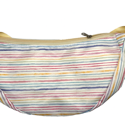 Pastel watercolor horizontal striped crescent half-moon shaped nylon crossbody bag with yellow lining and adjustable webbing strap