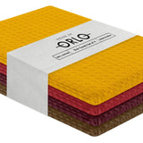 Four waffle weave cotton kitchen dish towels in brown, burgundy, red, and mustard, each 16x26 inches with hanging loop - view 2