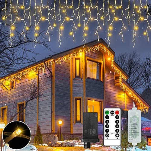 Warm white LED icicle lights with 72 hanging drops strung along a roofline outdoors, Christmas icicle lights 360 LED 18.57ft