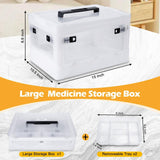 Clear extra large 20-quart medicine storage box with wheels, open side doors, and two removable organizer trays visible inside - view 2