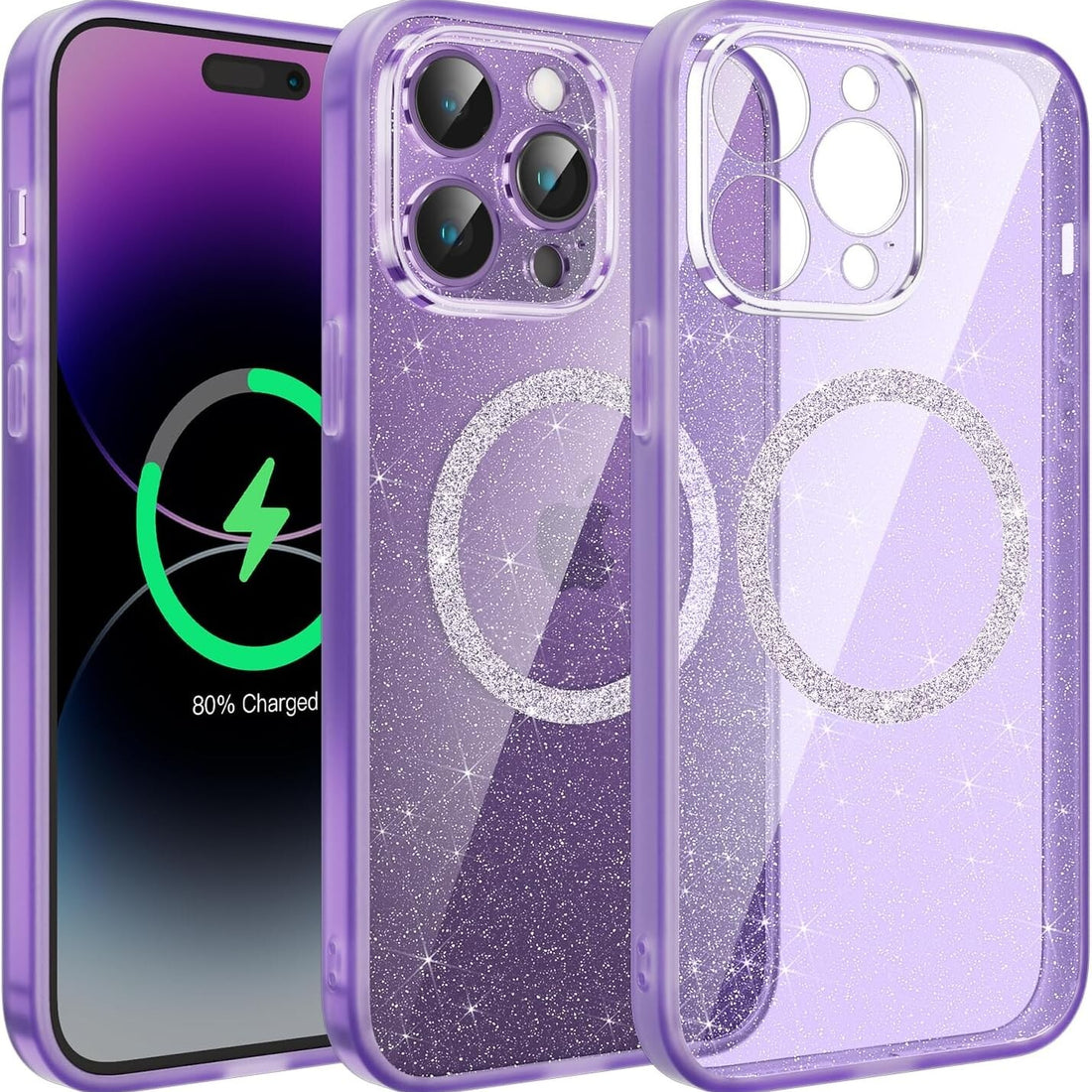 Anynve clear glitter purple MagSafe iPhone 14 Pro Max case with sparkle bling finish and raised camera lip