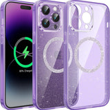 Anynve clear glitter purple MagSafe iPhone 14 Pro Max case with sparkle bling finish and raised camera lip