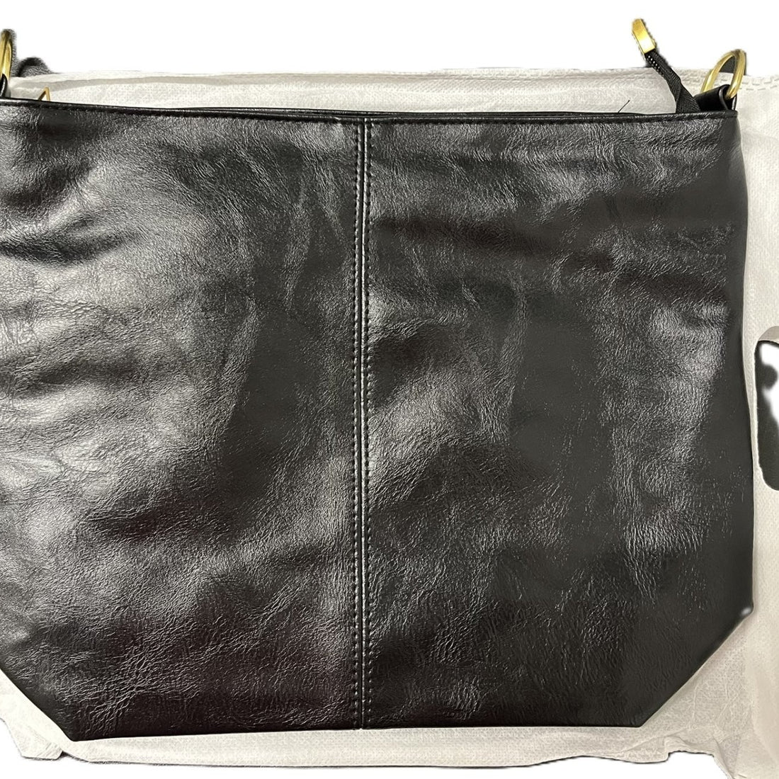 Yonisole black faux leather large tote shoulder bag with polished gold-tone hardware and geometric patterned adjustable strap
