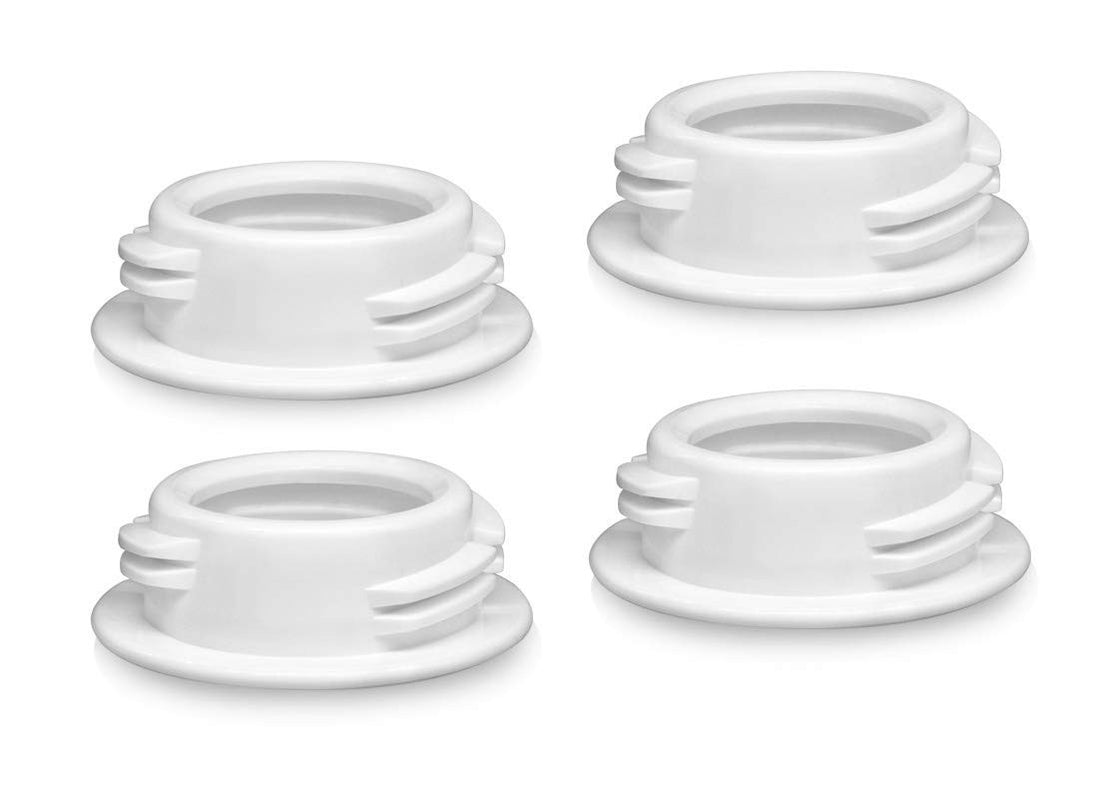 Four white Maymom bottle neck thread adapters for converting Spectra S1 S2 flanges to standard narrow neck bottles