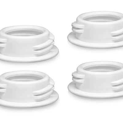 Four white Maymom bottle neck thread adapters for converting Spectra S1 S2 flanges to standard narrow neck bottles