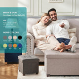 Small square khaki linen storage ottoman with wood legs and reversible lid, 12.6 inches, folded flat beside a living room sofa - view 8