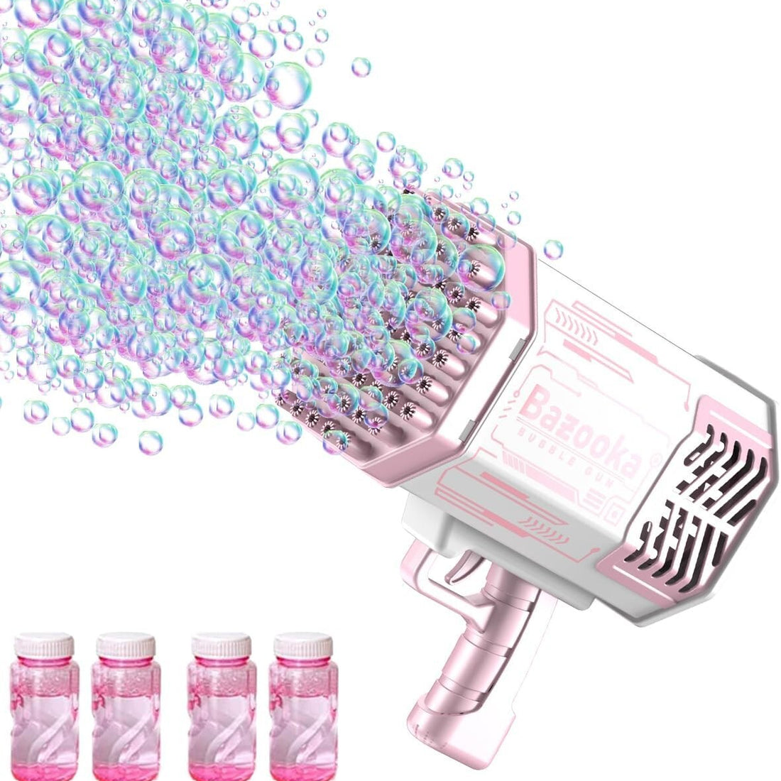 HQF 88-hole bubble machine with multicolor LED lights and detachable fan held by child outdoors at party