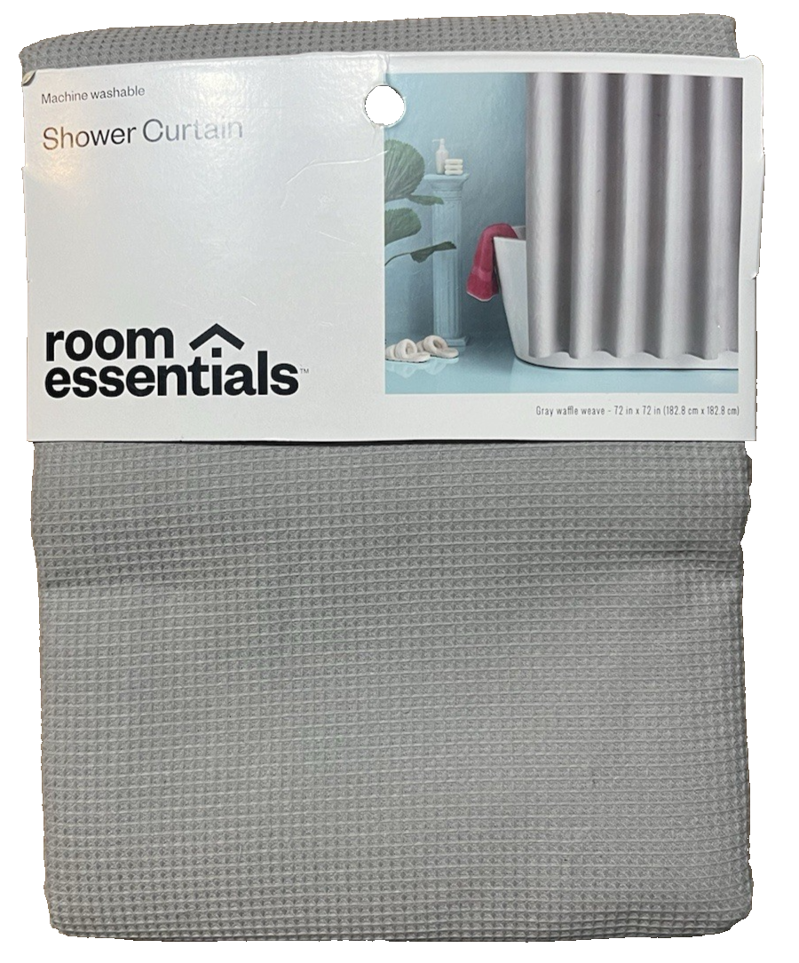 Room Essentials gray mist waffle weave fabric shower curtain 72x72 inches hung in a bathroom