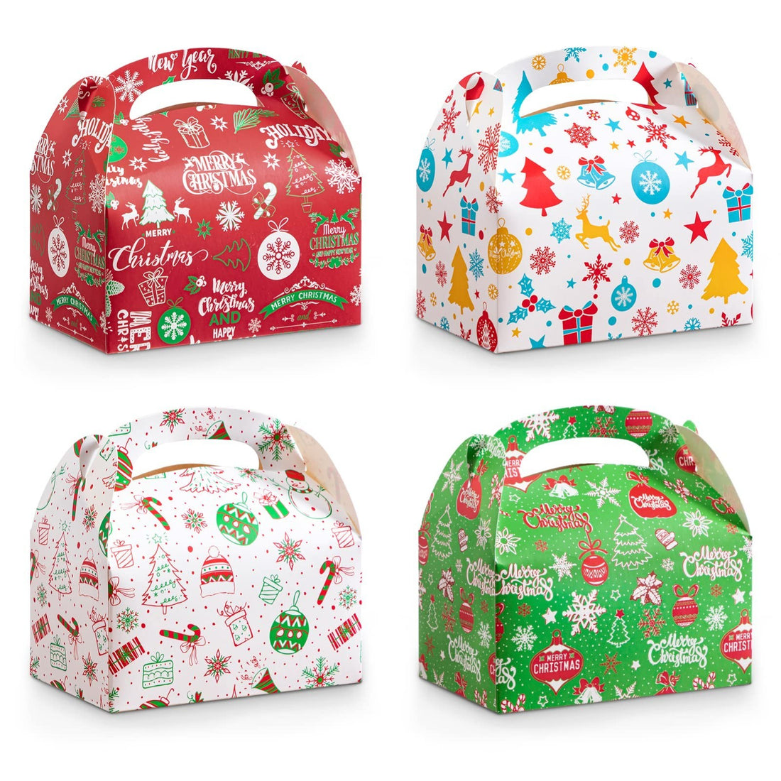 24 assorted 3D cardboard Christmas gift boxes featuring Santa, reindeer, tree, and bell designs in red, green, and white
