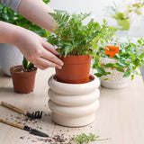 JOFAMY 6-inch tiered bubble ceramic planter pot in matte creamy white finish with stacked doughnut silhouette and drainage hole - view 4