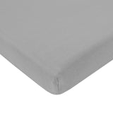 Three folded gray star and zigzag print fitted mini crib sheets 24x38 inch by American Baby Company in packaging - view 7