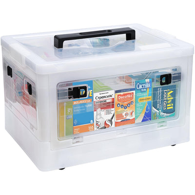 Clear extra large 20-quart medicine storage box with wheels, open side doors, and two removable organizer trays visible inside
