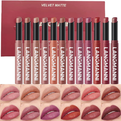 Jolilab 12-piece velvet matte lipstick set displaying nude to dark shade range in sleek bullet packaging
