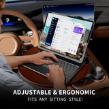 AXVLU 360-degree rotating car tray desk with walnut birch wood top mounted in vehicle cup holder, laptop and cup resting on surface - view 3