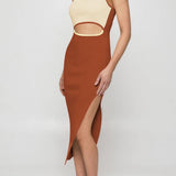 Chestnut ribbed sleeveless bodycon midi dress with square neckline, backless cutout detail, and side slit by Duigluw - view 3