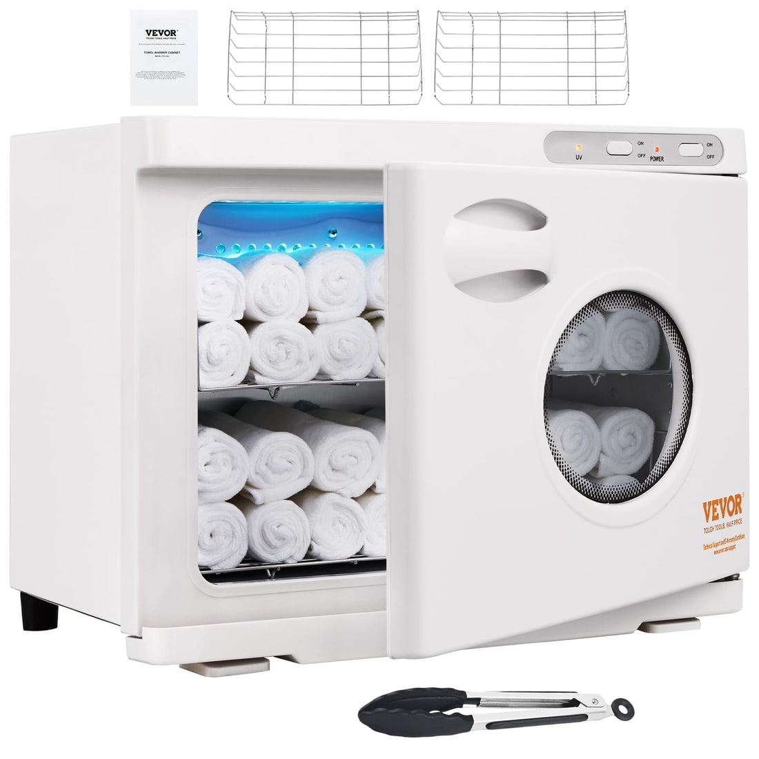 VEVOR RTD-23A white 23L hot towel warmer cabinet with UV sanitizing light open door showing interior racks