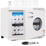 VEVOR RTD-23A white 23L hot towel warmer cabinet with UV sanitizing light open door showing interior racks