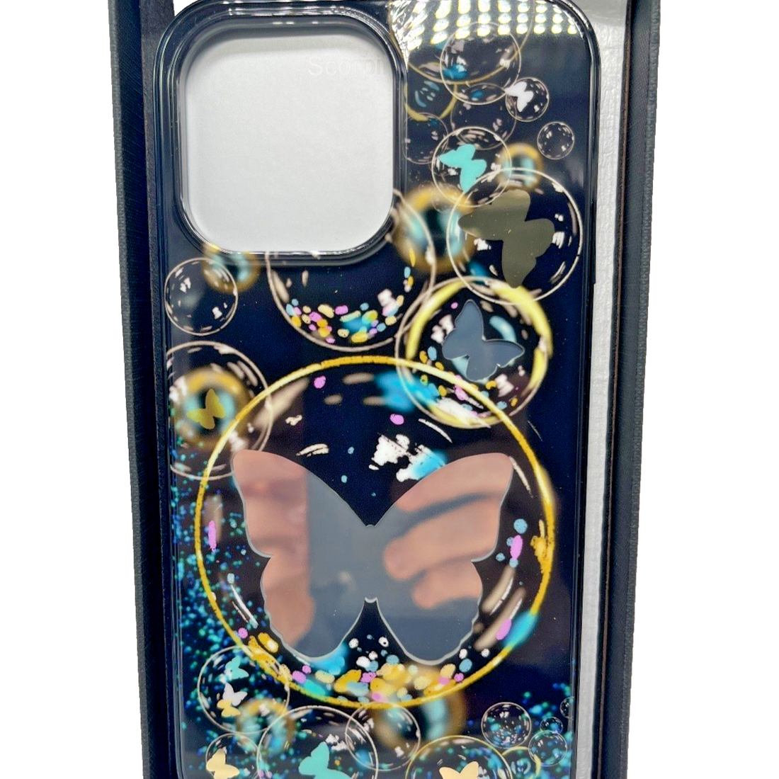 Scorpify black butterfly mirror iPhone 14 Pro Max case with screen protector and camera lens protector set in retail box