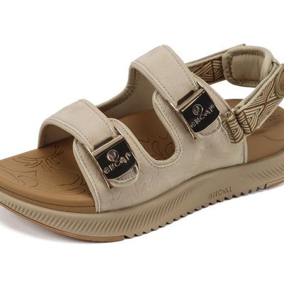 ONCAI beige women's orthopedic platform sandals with hook and loop ankle strap and cushioned arch support footbed