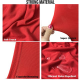 Set of 10 red stretch spandex fitted folding chair covers with elastic bands displayed on white folding chairs - view 4