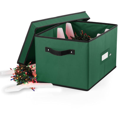 ZOBER green and black polyester Christmas light storage box with 4 plastic reels, 17x12x10 inches, stackable lid