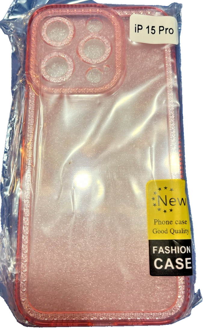 Gunprio pink rose gold glitter TPU case for iPhone 15 Pro showing raised camera lip and precision cutouts