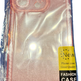 Gunprio pink rose gold glitter TPU case for iPhone 15 Pro showing raised camera lip and precision cutouts