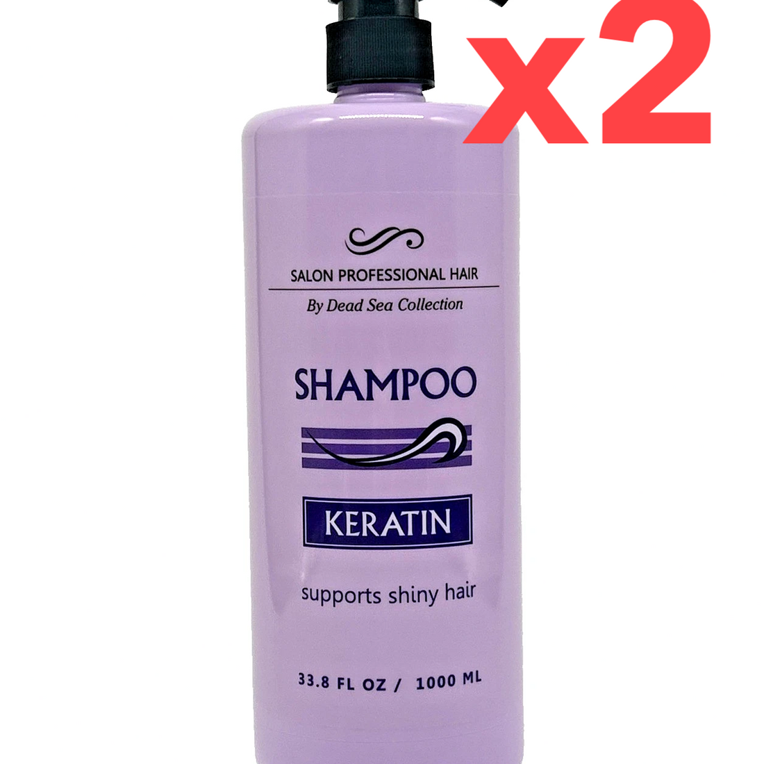 Two 33.8oz Dead Sea Collection Keratin Hydrating Shampoo pump bottles with rose scent, salon professional formula