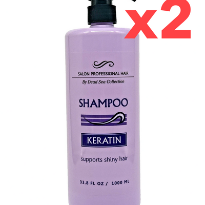 Two 33.8oz Dead Sea Collection Keratin Hydrating Shampoo pump bottles with rose scent, salon professional formula