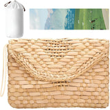 KUKEANVO khaki woven straw envelope clutch purse with magnetic closure and wrist strap on white background