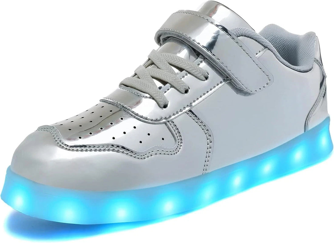Silver kids LED light-up sneakers with hook and loop closure, size 1, shown from side angle highlighting sole lighting
