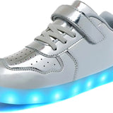 Silver kids LED light-up sneakers with hook and loop closure, size 1, shown from side angle highlighting sole lighting