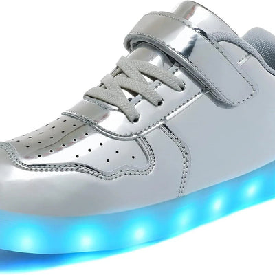 Silver kids LED light-up sneakers with hook and loop closure, size 1, shown from side angle highlighting sole lighting