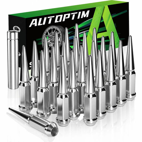 24 chrome spike lug nuts M14x1.5 thread with 19mm socket key, AUTOPTIM QLN013, fits GM and Ram trucks
