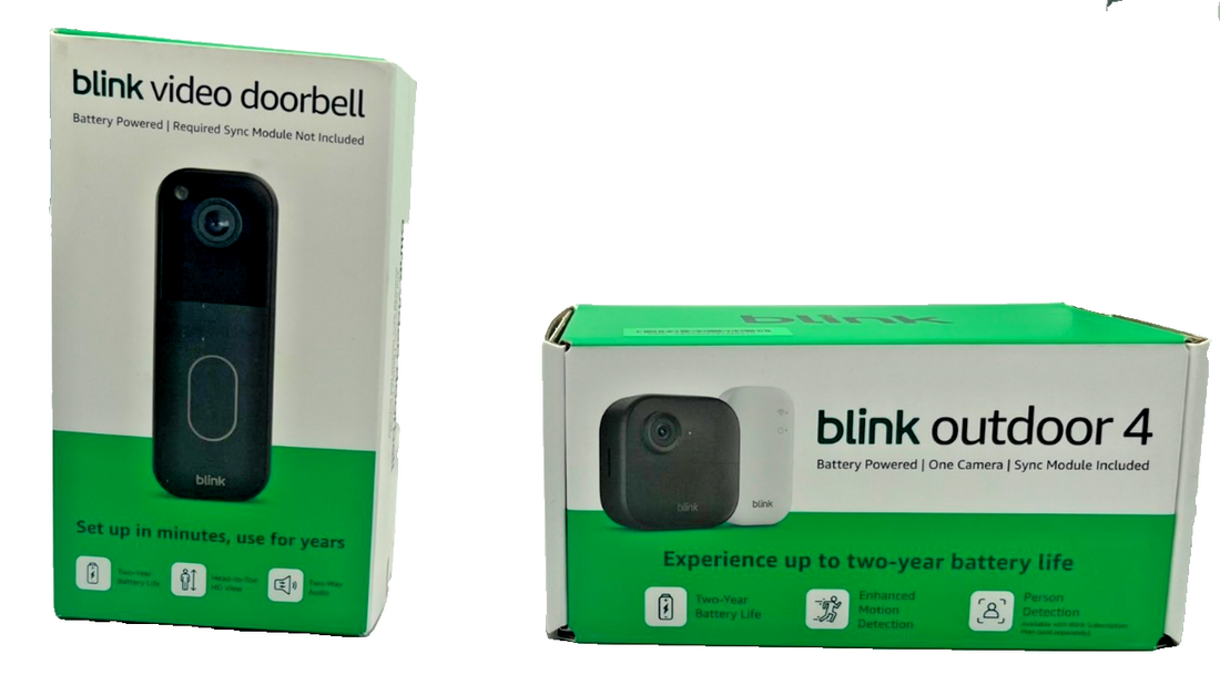 Blink Video Doorbell and Outdoor 4 wireless security camera system with Sync Module Core, batteries, and mounting hardware, black
