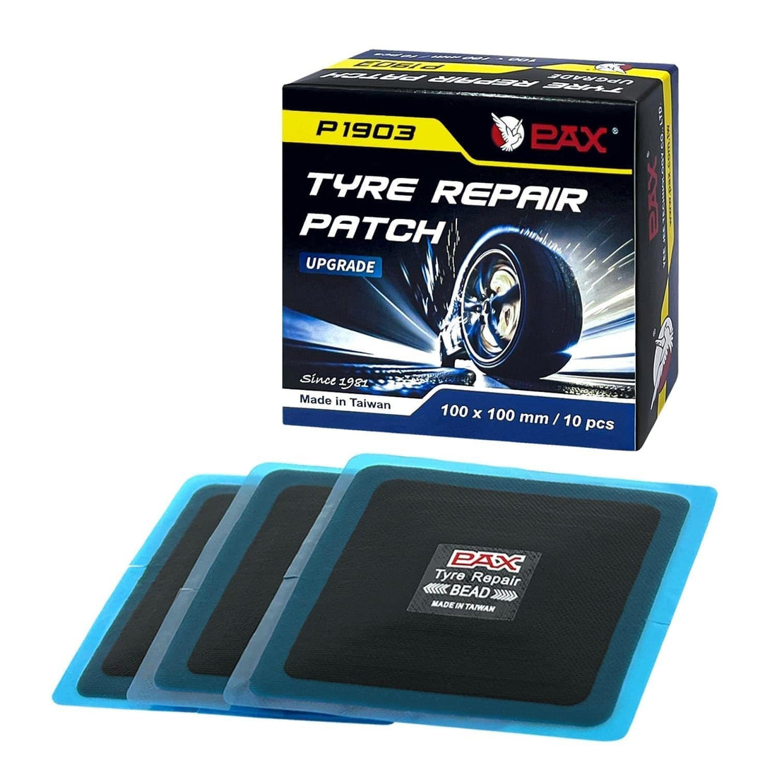 Eight black square PAX 100x100mm natural rubber tire repair patches laid flat, showing nylon ply surface and PET film backing