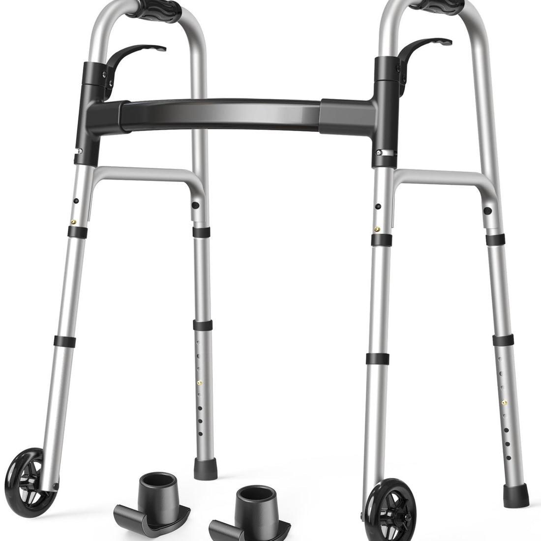 HOLYHEAL silver aluminum folding senior walker with two ski attachments and 5-inch wheels on white background