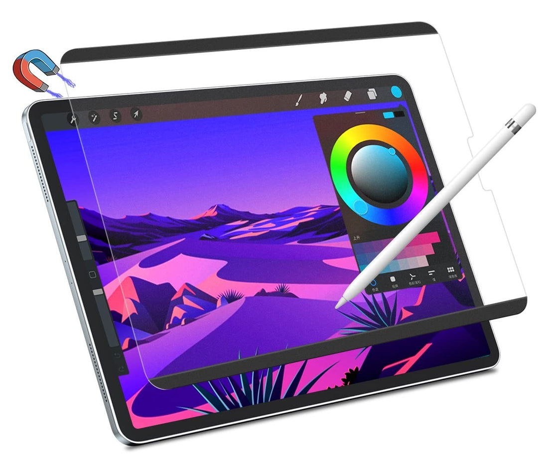 STARY magnetic matte screen protector applied to iPad Pro 11-inch, showing anti-glare paper-like surface finish