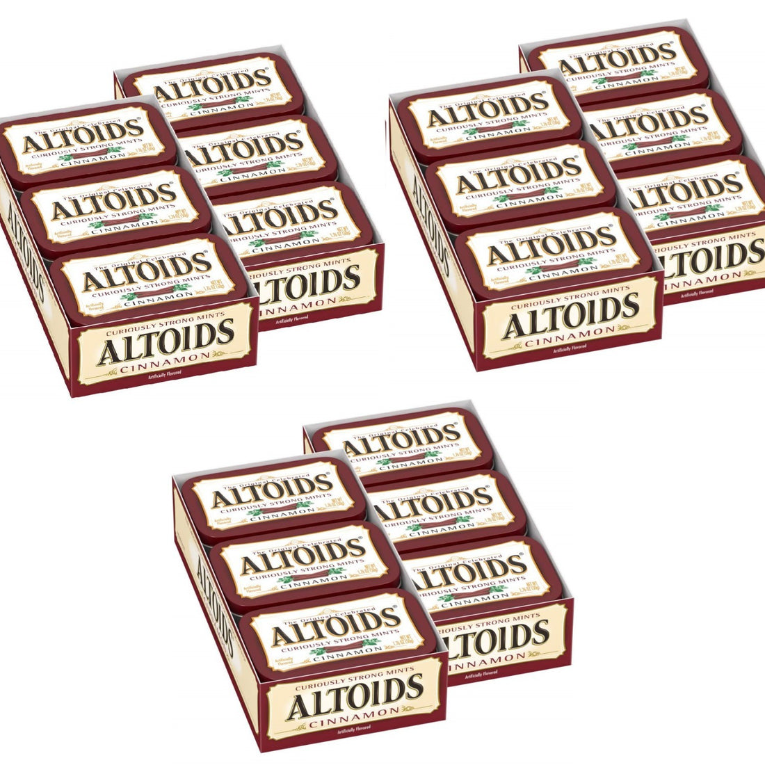 36 Altoids Cinnamon Mints tins arranged in three groups of 12, each 1.76 oz metal tin, new and sealed