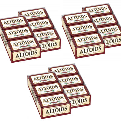 36 Altoids Cinnamon Mints tins arranged in three groups of 12, each 1.76 oz metal tin, new and sealed