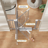 Cumbor gray auto-close baby gate installed in doorway, showing dual-lock mechanism and walk-through door with step pedal - view 4