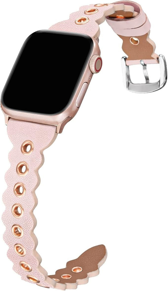 Cagos slim pink micro fiber leather Apple Watch band with wave boho pattern, shown on 38mm 40mm 41mm watch