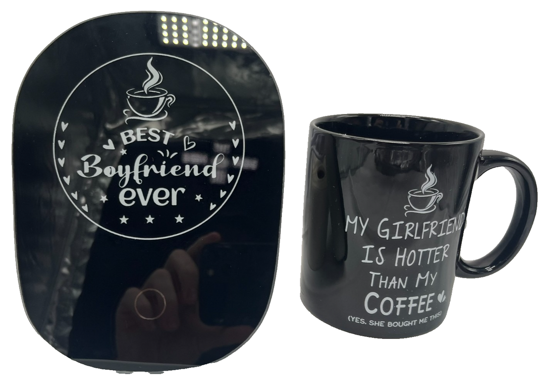 Black USB mug warmer coaster engraved 'Best Boyfriend Ever' paired with ceramic mug, desk boyfriend gift set