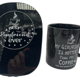 Black USB mug warmer coaster engraved 'Best Boyfriend Ever' paired with ceramic mug, desk boyfriend gift set