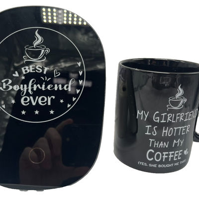 Black USB mug warmer coaster engraved 'Best Boyfriend Ever' paired with ceramic mug, desk boyfriend gift set