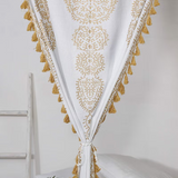 Two white and gold sheer cotton Indian mandala boho curtains with pom pom lace trim, 87 inches long by 41 inches wide - view 2