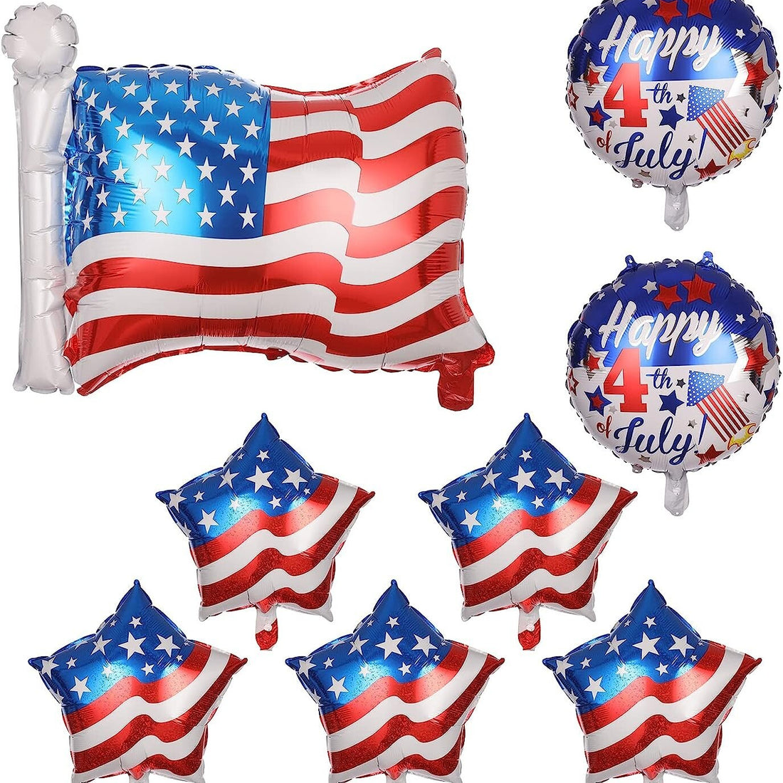 Eight multicolor patriotic foil star-shaped balloons with USA stars and stripes design, ribbon and inflation straw included